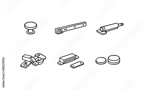 Collection of furniture hardware icons including knobs, hinges, catches, and drawer slides