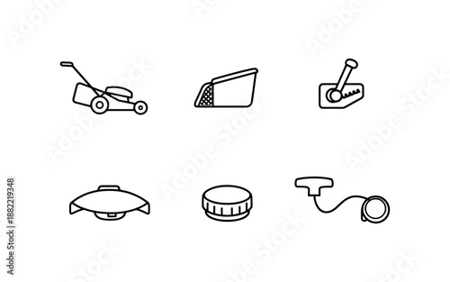 Collection of simple line art icons representing lawn mower parts and accessories