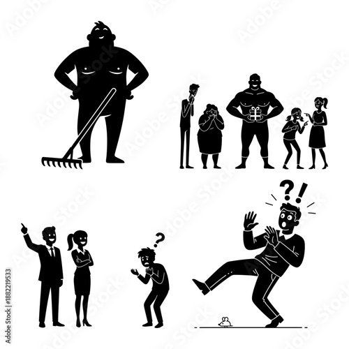 April Fools Prank Icon Set with Gift Box Surprise and Banana Peel Slip Silhouette