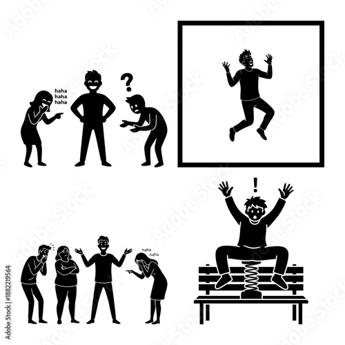 April Fools Prank Scene with Framed Jump Scare and Spring Bench Silhouette Set