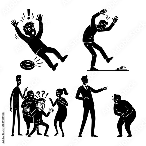 April Fools Strongman Prank Silhouette Set with Confused Colleague and Laughing Friends