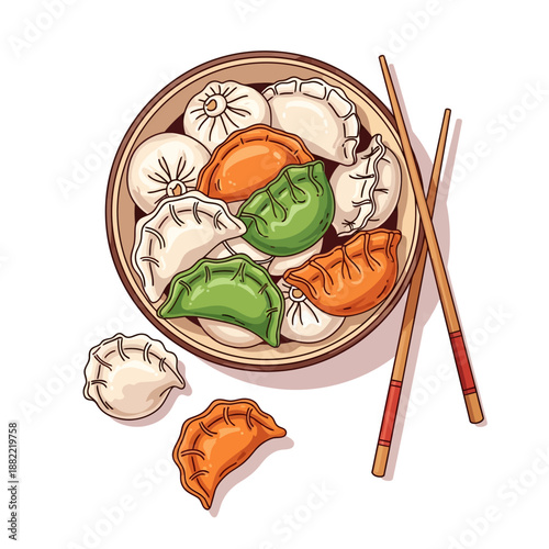 Vibrant Asian Dumplings in a Bowl with Chopsticks - Cartoon Illustration