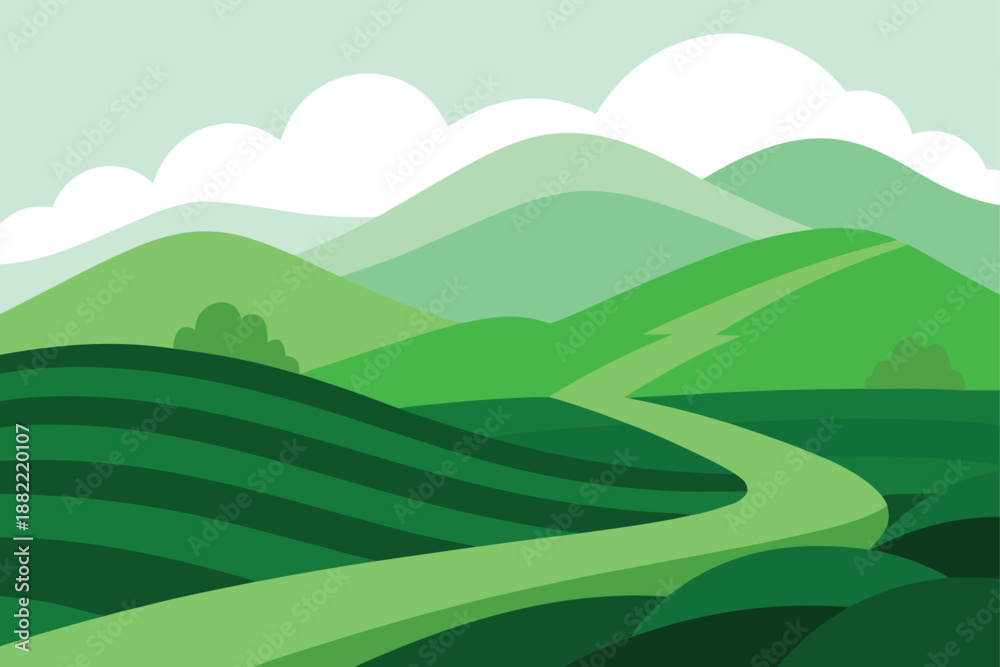 Obraz premium Green Tea Plantation Across Misty Hills