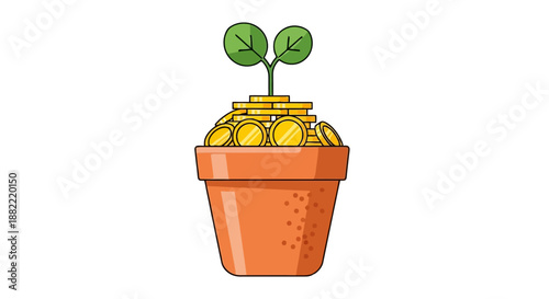 Sprout growing from terracotta flower pot filled with golden coins representing business investment savings and financial wealth