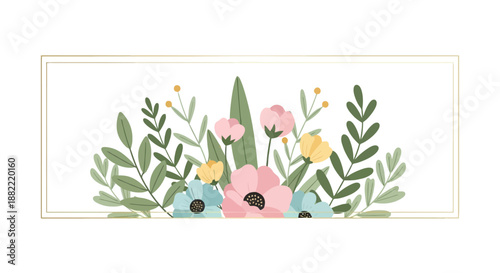Elegant floral composition in rectangular golden frame spring decorative border element for wedding invitation cards or greeting designs