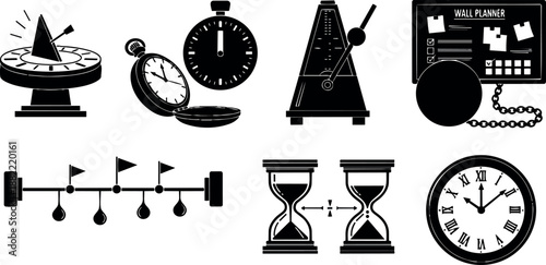Black silhouette vector set of various traditional time measuring devices including sundial stopwatch metronome wall planner timeline hourglass and clock icons