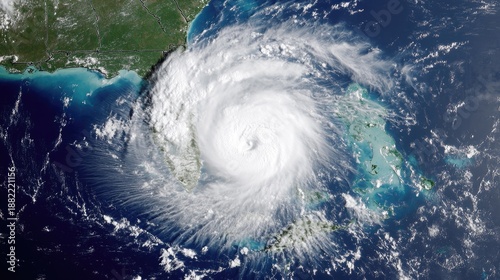 Satellite view of a hurricane over Florida, showing swirling clouds and ocean