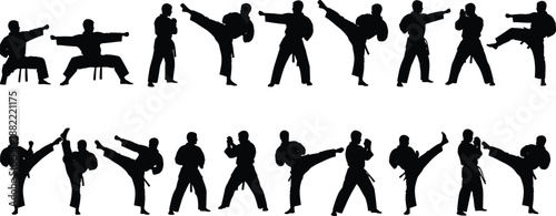 Martial arts fighter silhouette set showing karate and taekwondo kicking techniques, punches, combat stances, and training poses isolated on white background for sports design