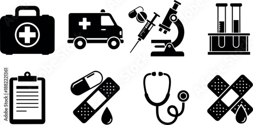 Black medical icon set including first aid kit ambulance syringe microscope test tubes clipboard pills stethoscope and bandages drops
