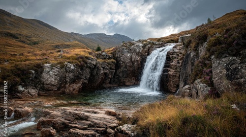 Scenic waterfall cascading over rocky terrain into a serene natural pool