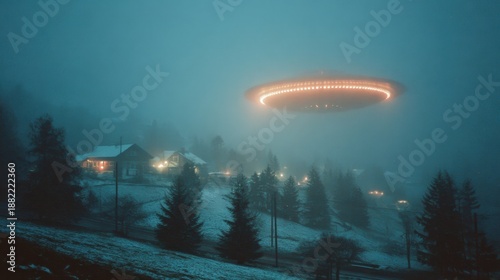 Mysterious ufo flying over a foggy winter village. Retro style collage for conspiracy theory, science fiction, and vintage themes