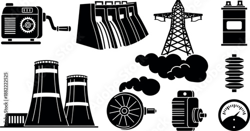Black and white vector icons of power plant cooling towers generator turbine high voltage tower transformer and pressure gauge industrial energy symbols