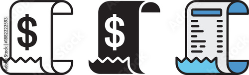 Financial receipt bill payment icon pack with dollar sign and document paper list graphic set