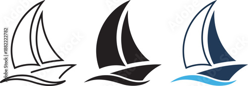 Sail boat icon set black white blue line flat silhouette style vector art