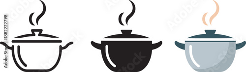 Set of three cauldron icons line silhouette filled and colorful for stewing potion or cooking magic potion