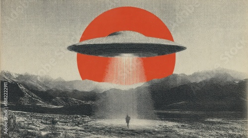 Mysterious ufo retro style collage representing an unidentified flying object beaming on a lone man in a landscape. Sci-fi art for poster or album cover
