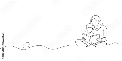 Continuous one line drawing of mother and son sitting together looking at photo album, representing sweet memories with mother, line art style vector illustration.