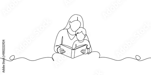  Continuous one line drawing of a mother sitting while reading a book to her child, representing closeness and special moments, line art style vector illustration.