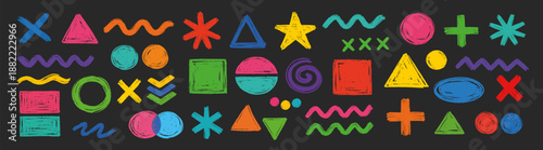 Colorful hand-drawn abstract shapes doodle elements collection, vibrant brush sketch icons set of circles, triangles, squares, stars and wavy lines