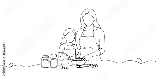 Continuous one line drawing of mother and daughter making cake together in the kitchen, representing the special moment of Mother's Day, line art style vector illustration.