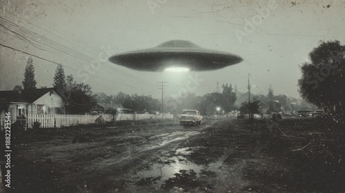 Mysterious vintage style collage with a flying saucer over a residential street during a ufo invasion scene. Retro science fiction concept
