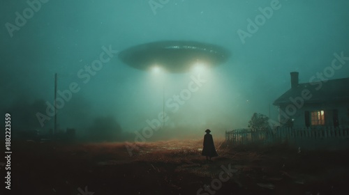 Woman in front of an old farmhouse with a mysterious UFO hovering above. Cinematic scene with alien encounter for science fiction