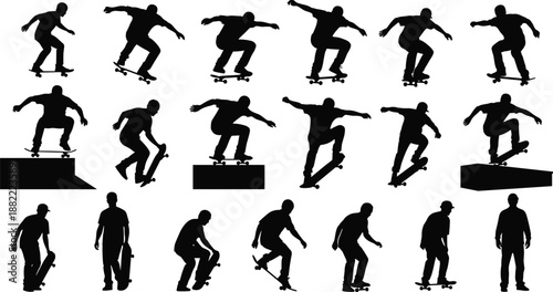 Skateboarder silhouette action collection showing street skating tricks, jumps, flips, grinds, and riding poses isolated on white background for extreme sport design