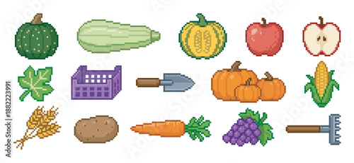 Pixel art icon set of farm produce including fresh vegetables, fruits, and gardening tools in a charming retro 8-bit video game style illustration