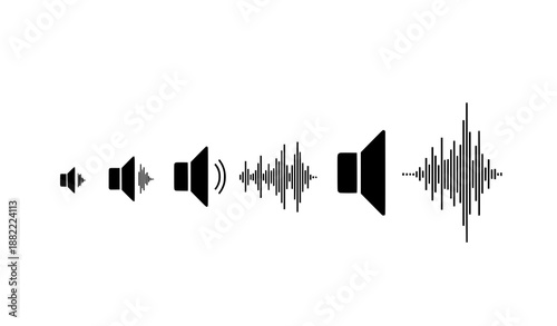Minimal black speaker volume icon collection with increasing sound waves in flat vector style
