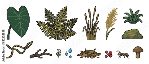 Set of pixel art nature elements for video games, including a leaf, fern, mushroom, and ant, presented as a collection of forest flora and fauna in a retro 8-bit sprite style