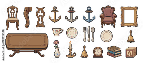 Large collection of vintage household items in a charming pixel art style, featuring antique furniture, tableware, nautical anchors, and various decorative objects