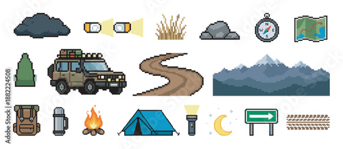 Set of pixel art icons for camping and adventure, featuring an off-road vehicle, tent, campfire, compass, map, and other outdoor exploration and hiking equipment elements
