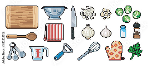 Pixel art set of kitchen utensils and fresh ingredients for cooking, including a cutting board, knife, onion, garlic, and measuring spoons in a retro 8-bit video game style