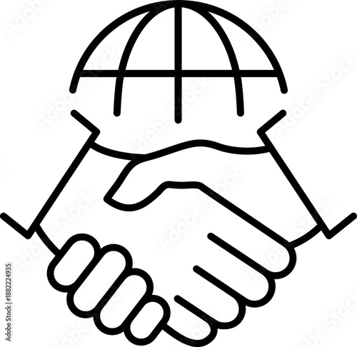 Handshake and globe line icon. World partnership concept. Business deal symbol. International agreement. Vector illustration isolated.