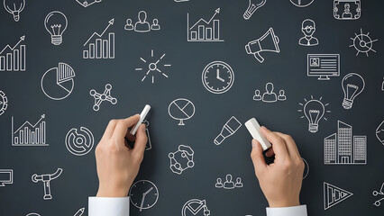 Hands drawing business and education icons on a dark chalkboard with chalk analysis blackboard