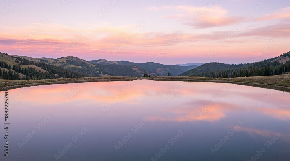 Fototapeta premium Wide shot of serene mountain lake reflecting colorful sunset skies. Peaceful alpine landscape with grassy hills and pine trees. Nature tranquility and outdoor adventure concept.