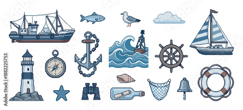 Large set of nautical pixel art icons including a ship, anchor, lighthouse, sailboat, and compass in a retro 8-bit video game style for maritime and sea adventure themes