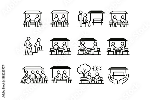 Kindness inclusive mindful park awareness etiquette icon urban bench step care vector
