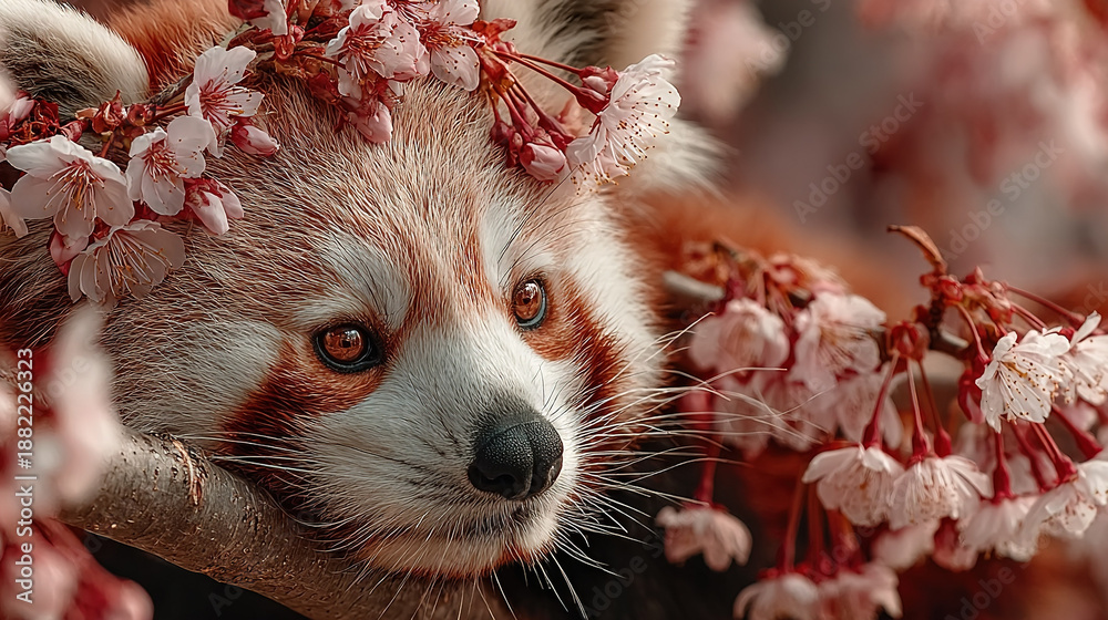 Fototapeta premium Red Fox Surrounded by Blooming Cherry Blossoms