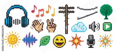 Colorful collection of pixel art icons featuring headphones, musical notes, a smiley face, a tree, and a telephone pole in a retro 8-bit video game style