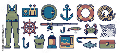 Set of pixel art fishing and nautical icons including an anchor, fishing rod, crab, and ship's wheel in a retro 8-bit video game style illustration