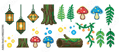 Set of pixel art forest game assets featuring glowing lanterns, colorful mushrooms, tree trunks, mossy logs, green leaves, and magical particles in a retro 8-bit style