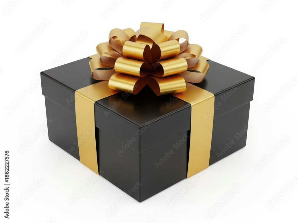 Obraz premium Elegant black gift box with golden ribbon bow isolated on white background
