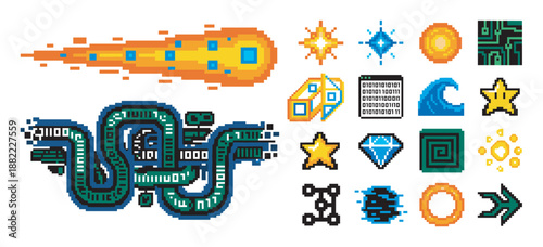 Collection of colorful pixel art icons and assets for retro video games, featuring a fireball, circuit snake, star, diamond, and other 8-bit elements for a nostalgic arcade design