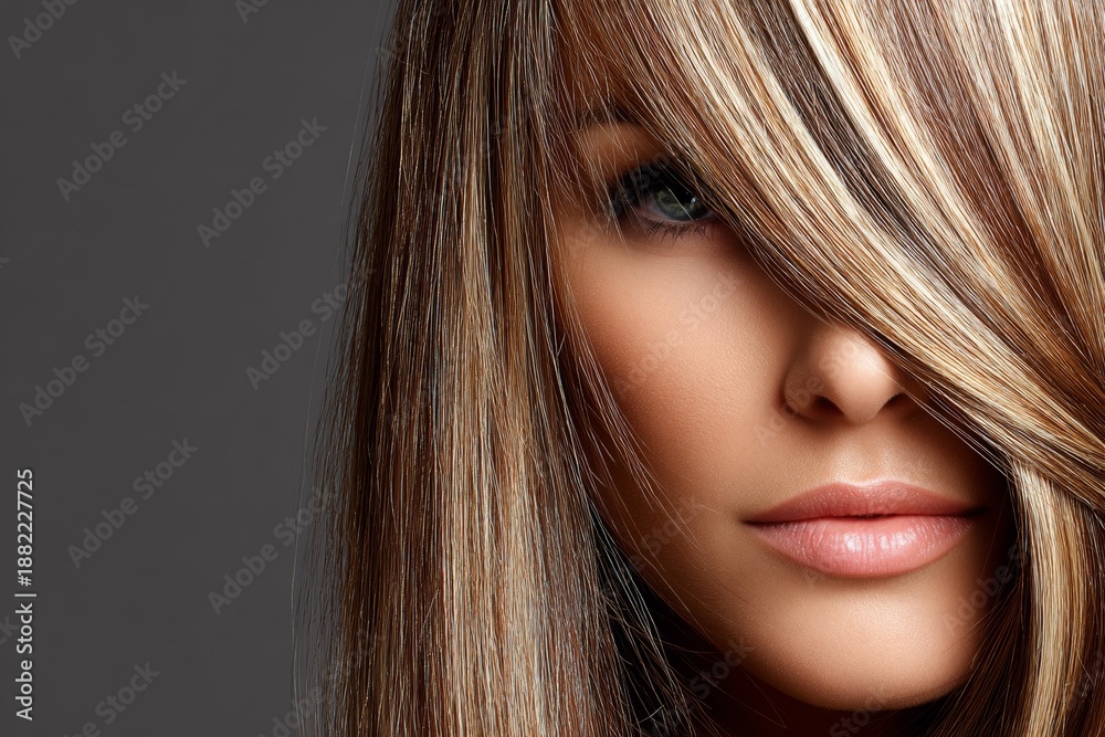 Naklejka premium Model poses with long hair covering part of face in studio shot