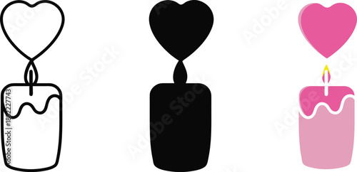 Candle Heart Icon Line Art Silhouette and Pink Color love romance