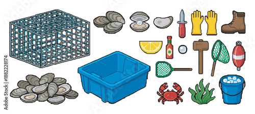 Pixel art collection of oyster farming equipment and seafood ingredients in a retro 8-bit video game style, featuring a cage, shellfish, shucking knife, and condiments