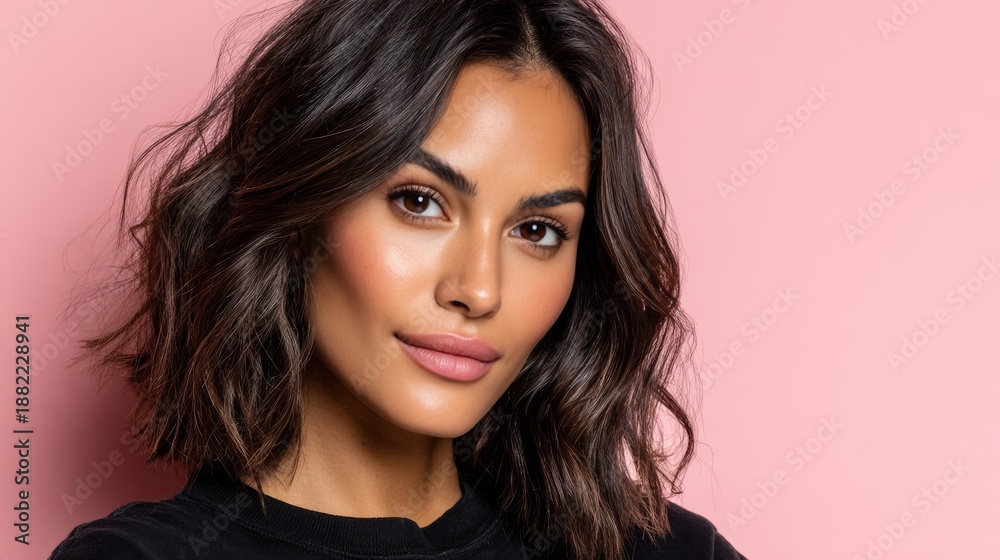 Fototapeta premium Model poses with soft expression against pink background