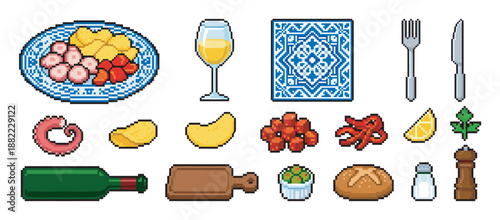 Pixel art icon set of Mediterranean food including octopus, wine, bread, olives, and a decorative tile, representing a traditional meal in a retro 8-bit video game style