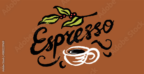 Coffee emblems logo and lettering for your coffee brand. Espresso and coffee bean, arabica flavour. A cup with cappuccino and leaves. Hand drawn grunge icons bold brush strokes. 